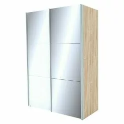 BAUHAUS Express Möbel Schwebetürenschrank Stars B X T X H: 150 X 68 X 216 Cm, Farbe Griff: Aluminiumfarben, Farbe Front: Weißglas/Spiegel, Farbe Korpus: Eiche Sonoma